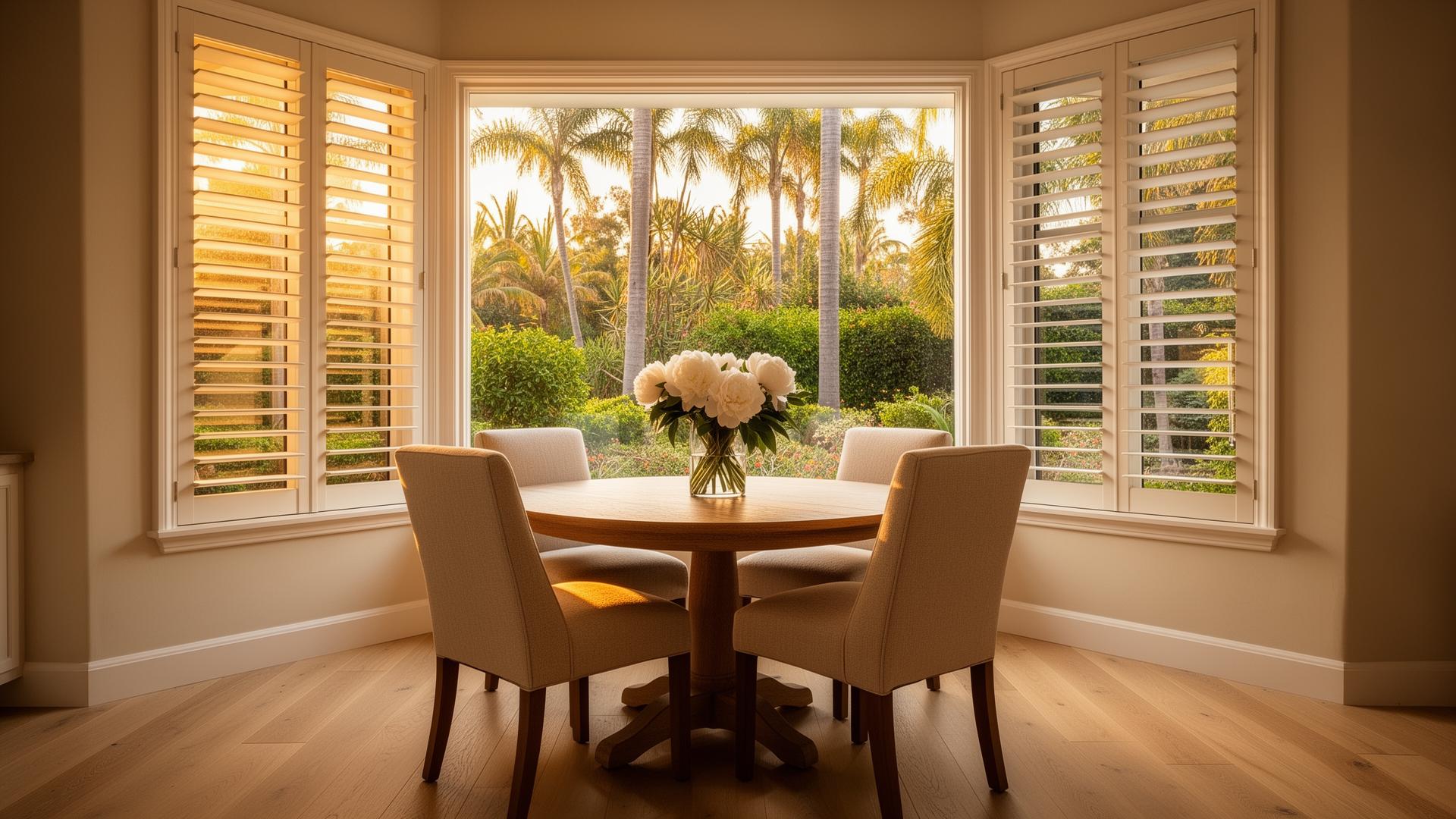 Custom white plantation shutters in a sunlit Southern California living room